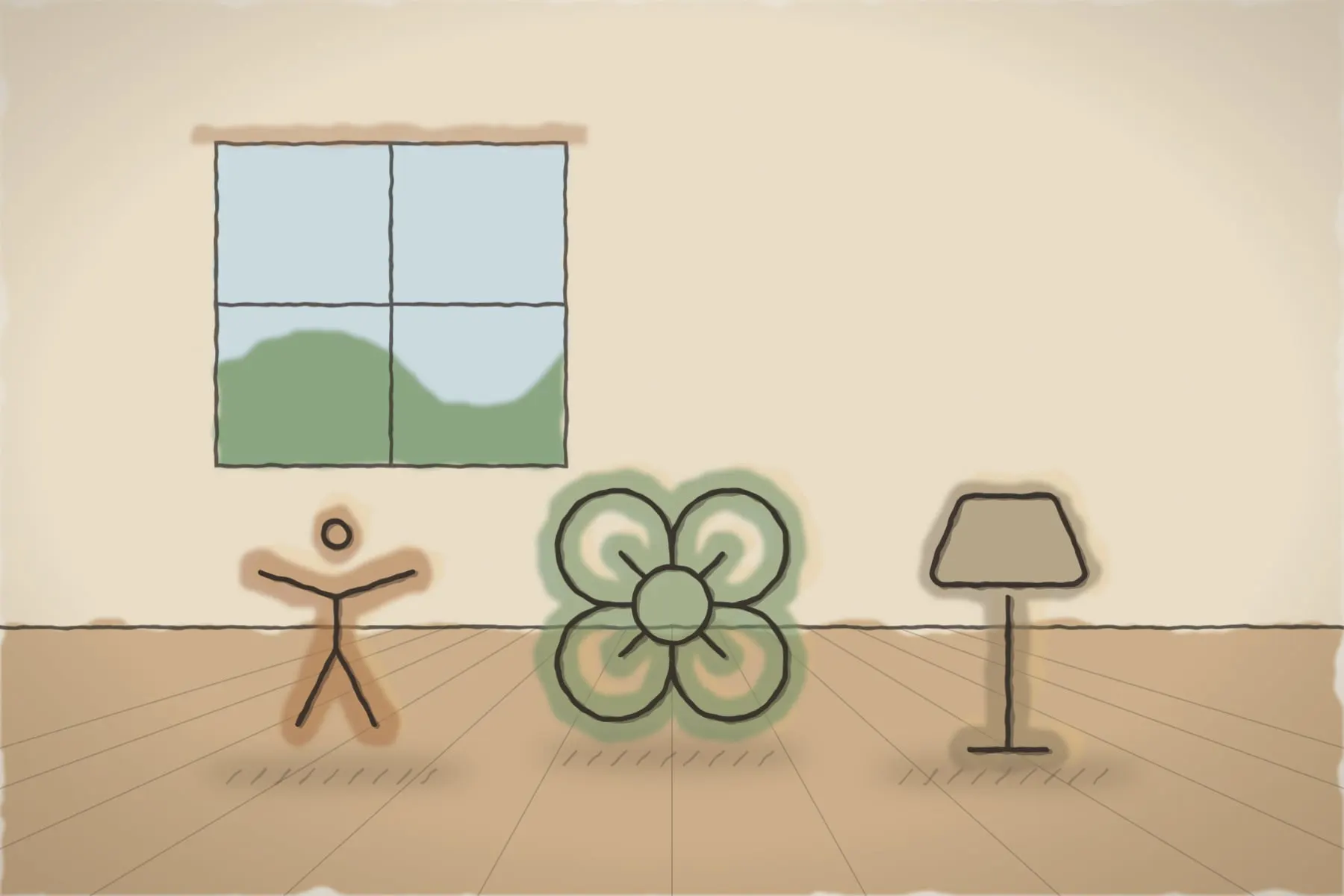 Sala studioului, cu podea de lemn și ferestre spre munte (ilustrație)