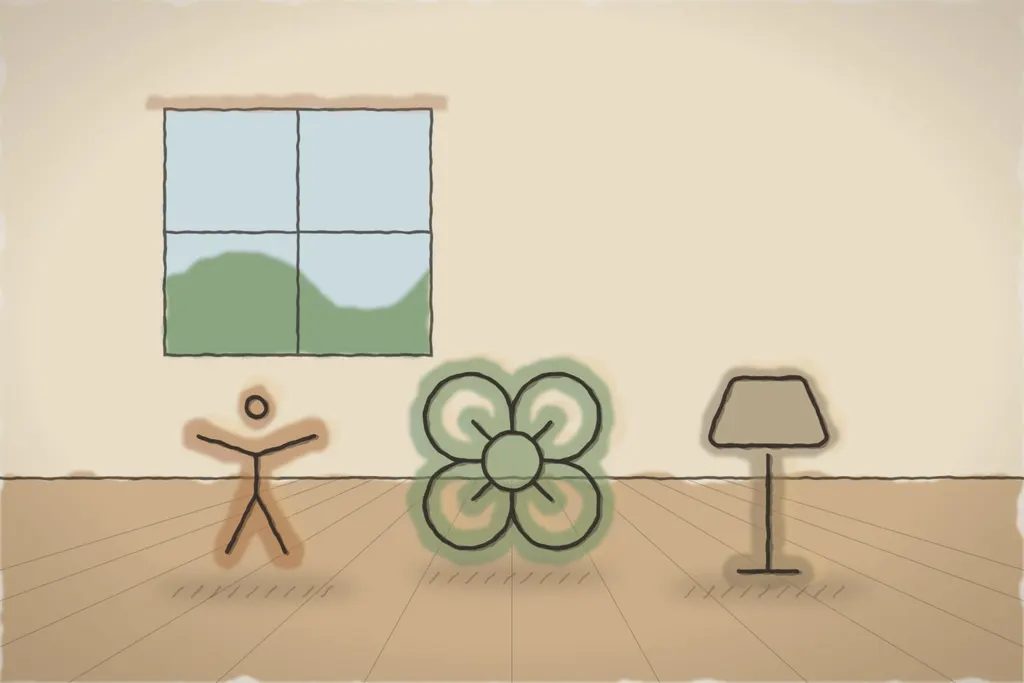 Sala studioului, cu podea de lemn și ferestre spre munte (ilustrație)